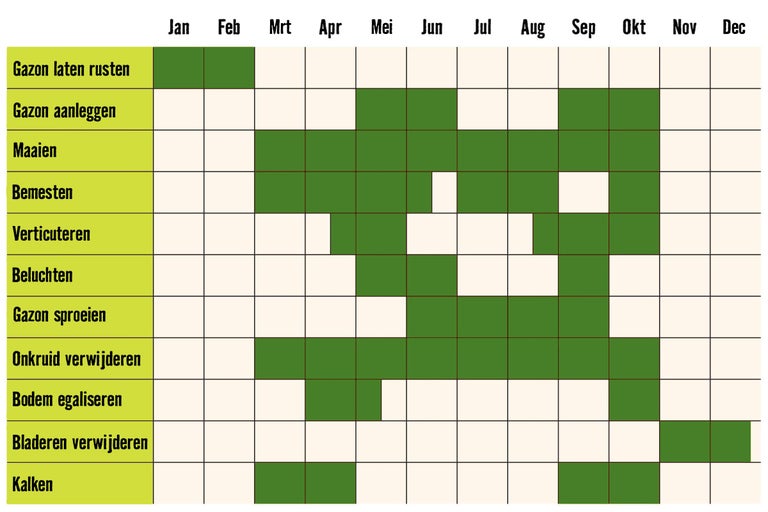 Grasverzorgingskalender met informatie over gazon rusten, gazon aanleggen, maaien, bemesten, verticuteren, beluchten, gazon sproeien, onkruid verwijderen, grond egaliseren, bladeren verwijderen en kalken.