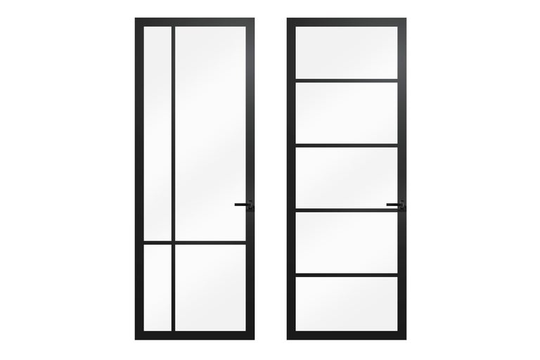 Twee binnendeuren met glazen panelen en een zwart frame