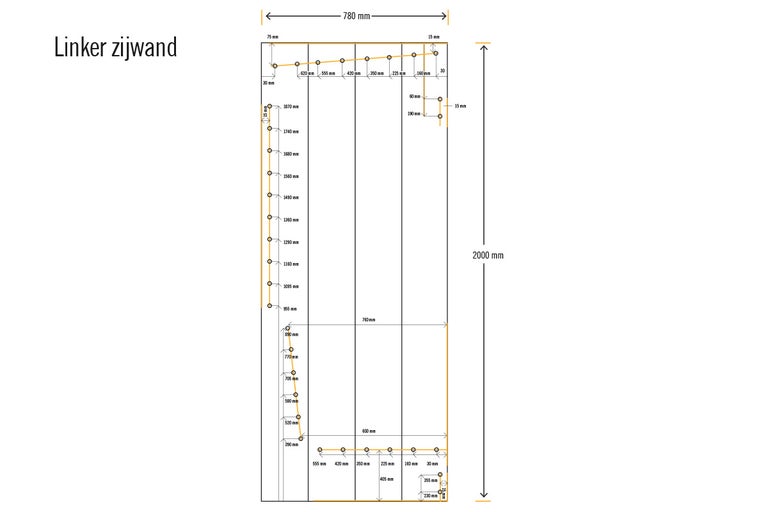 Technische tekening van een zijwand met afmetingen voor meubelconstructie