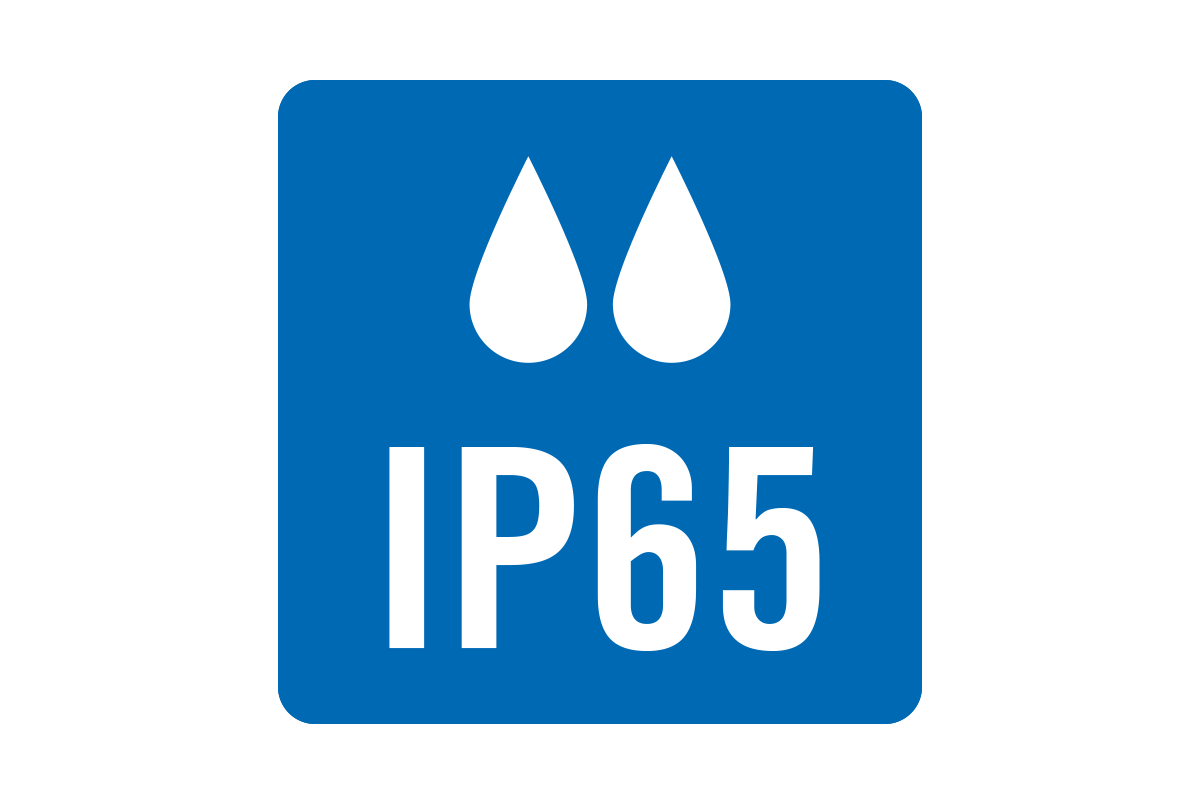 Symbool voor de beschermingsklasse IP65 stofdicht en beschermd tegen straalwater.