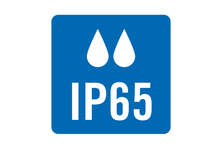 Symbool voor de beschermingsklasse IP65 stofdicht en beschermd tegen straalwater.
