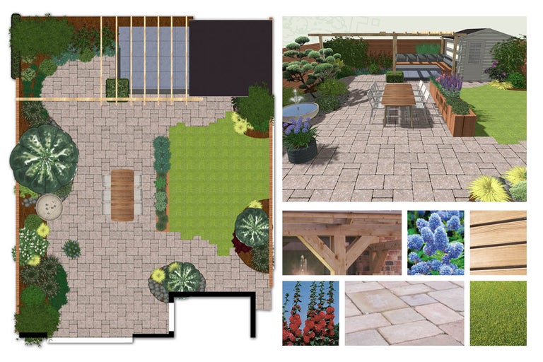 Tuinontwerp met straatstenen, planten en tuinmeubilair