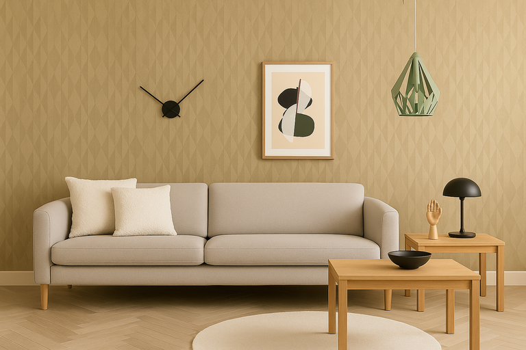 Woonkamer met bank, salontafel en decoratie