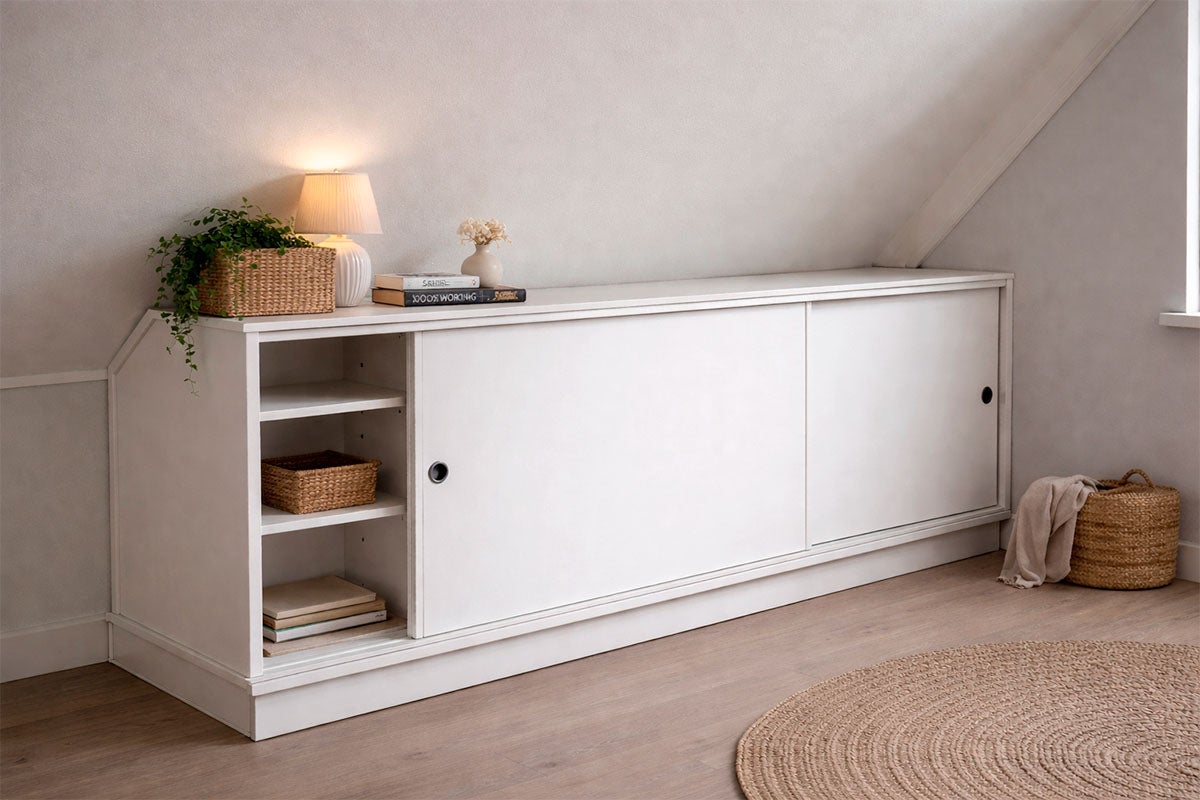 Wit dressoir met schuifdeuren en planken in een kamer met een schuin dak