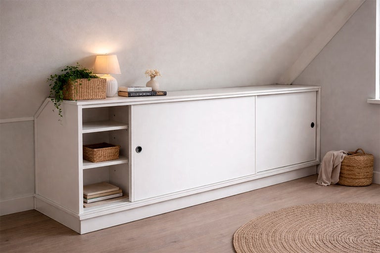 Wit dressoir met schuifdeuren en planken in een kamer met een schuin dak