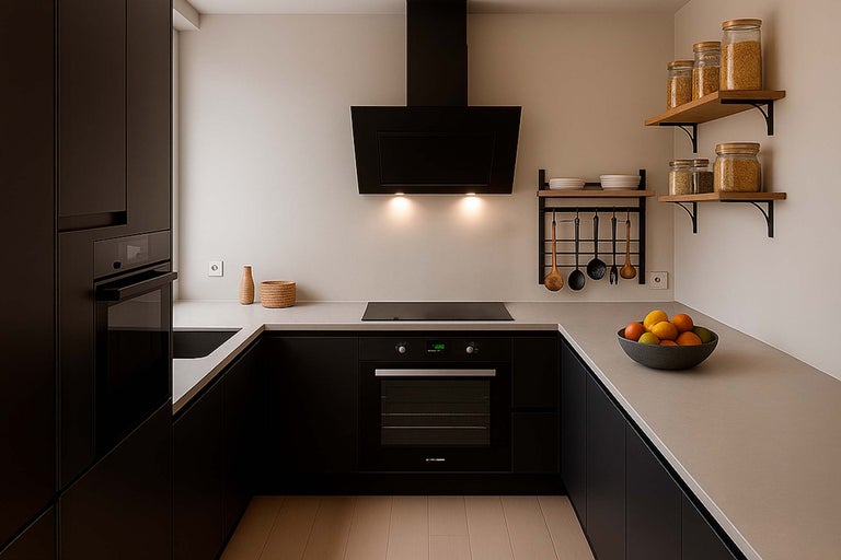 Moderne keuken met afzuigkap, inbouwoven en keukengerei