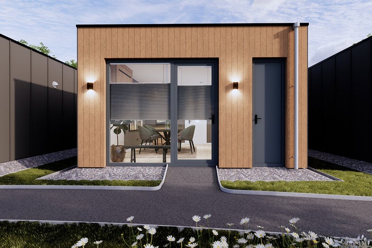 Modern tuinhuis met houten wand en toegangsdeur