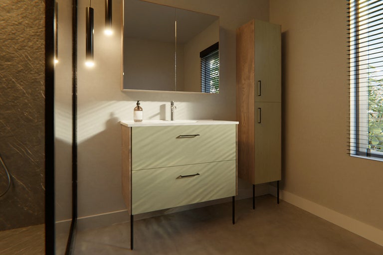 Badkamer met wastafelonderkast, spiegelkast en hoge kast