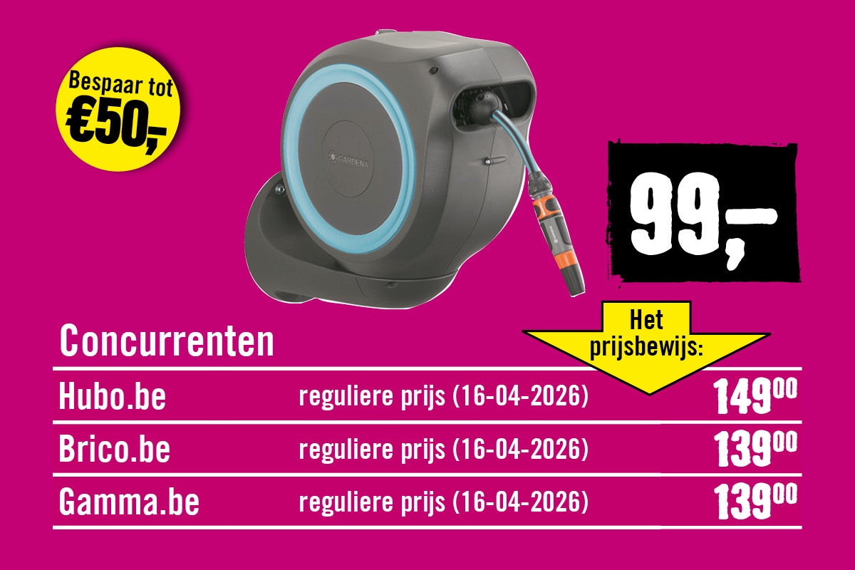Gardena wandslangenbox voor 99 euro in prijsvergelijking met concurrenten Hubo, Brico en Gamma, bespaar tot 50 euro.