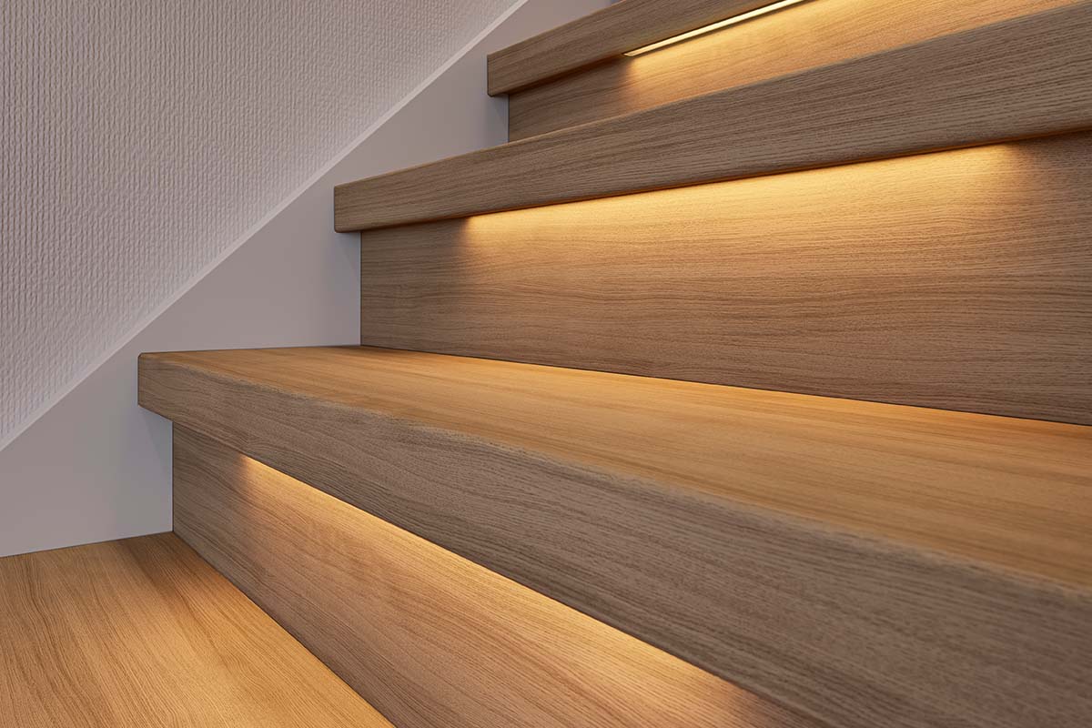 Houten trap met geïntegreerde ledverlichting onder de treden voor een sfeervolle en veilige trapverlichting.