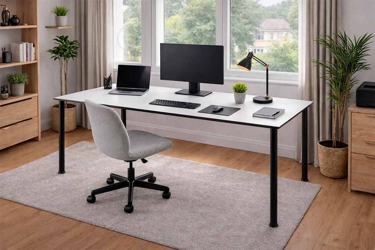 Werkkamer met bureau, bureaustoel, planken en kamerplanten