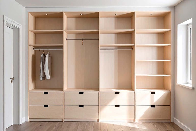 Inbouwkast van licht hout met planken en laden