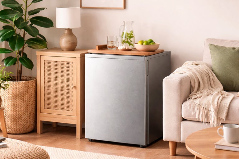 Moderne woonkamer met kleine zilverkleurige koelkast, bijzettafel, lamp, plant en bank.