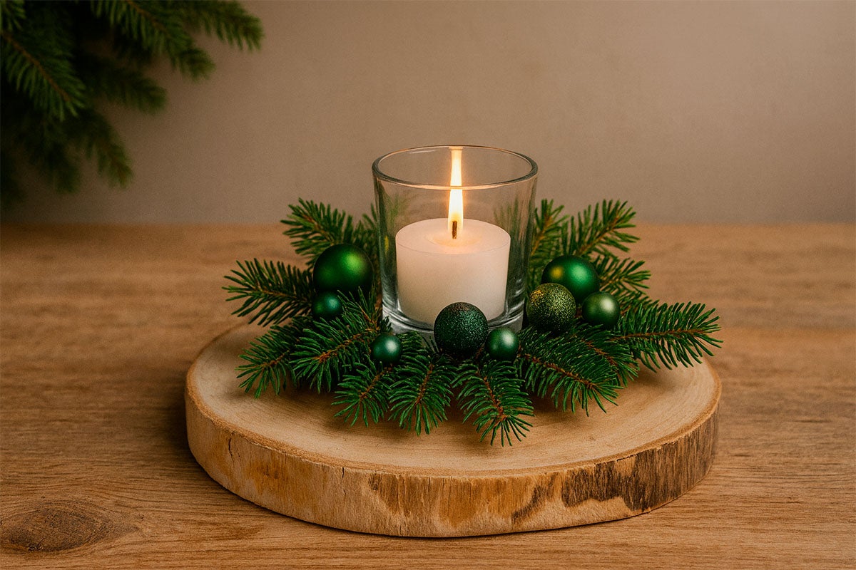 Decoratie met kaars in glas, dennentakken en ballen op een houten schijf