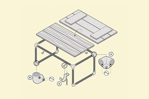 Illustratie van een tafel in gedemonteerde staat met houten blad en buizen