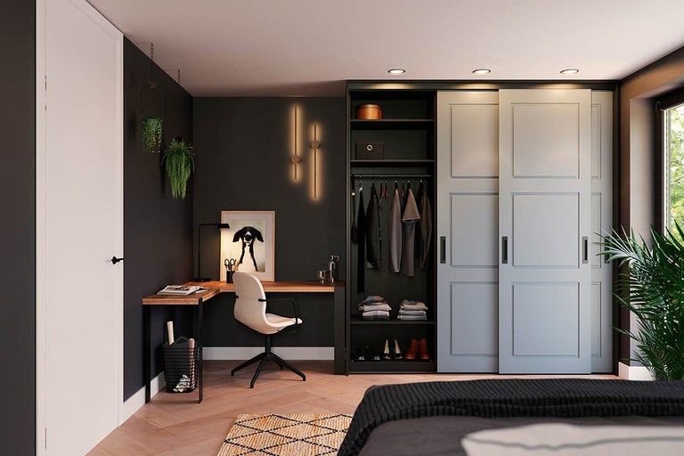 Inrichtingsvoorbeeld van een slaapkamer met schuifdeurkast, bureau en bureaustoel