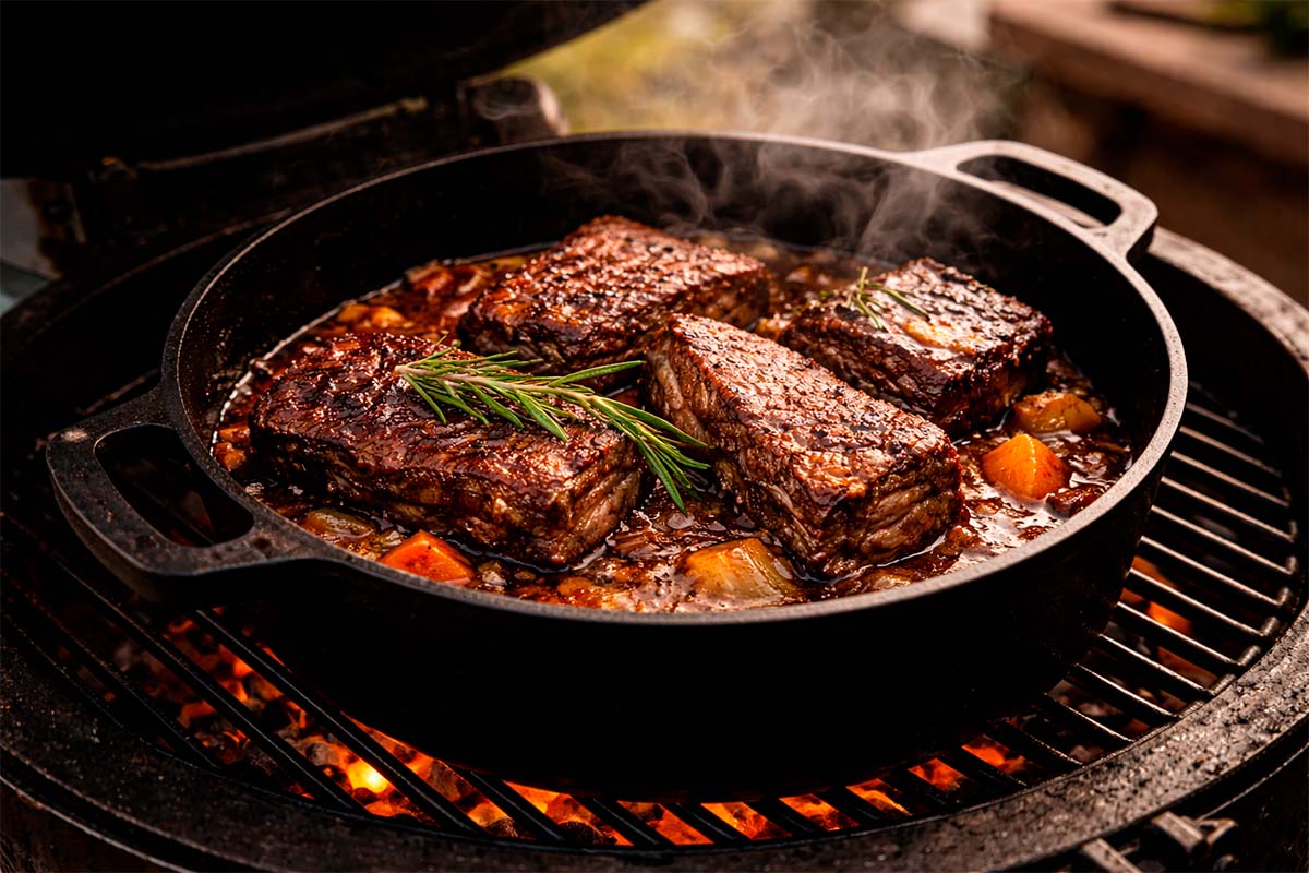 Stoofvlees bereid in een gietijzeren pan op een barbecue.