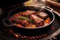 Stoofvlees bereid in een gietijzeren pan op een barbecue. Stoofvlees bereid in een gietijzeren pan op een barbecue.