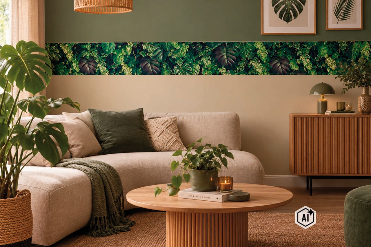Woonkamer met beige bank en houten salontafel voor een muur met jungle behangrand en groene wanddecoratie in boho stijl.