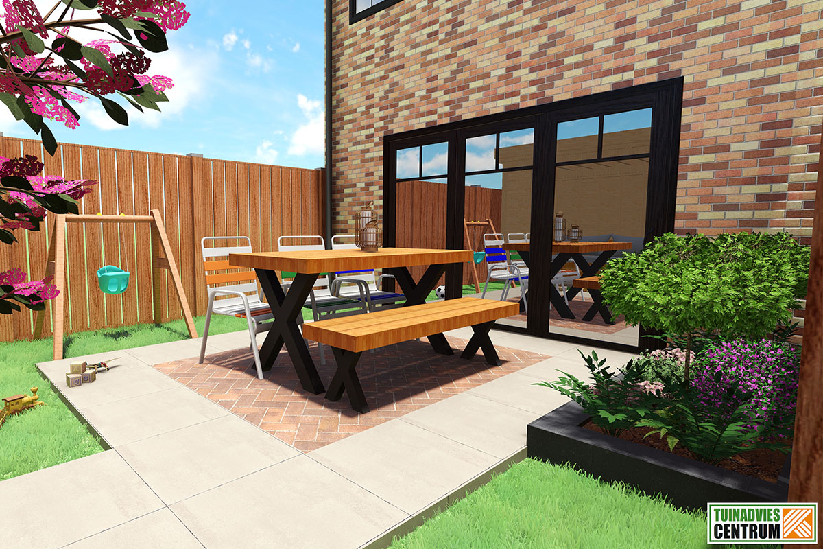 Tuinscene met eethoek, schommel en beplanting op terras