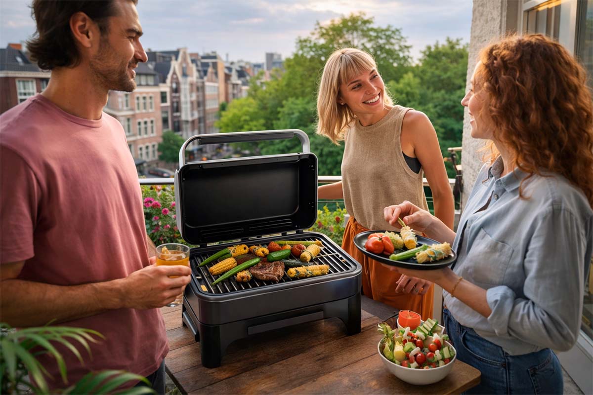 Drie mensen grillen groenten en vlees op een tafelgrill in de buitenlucht.