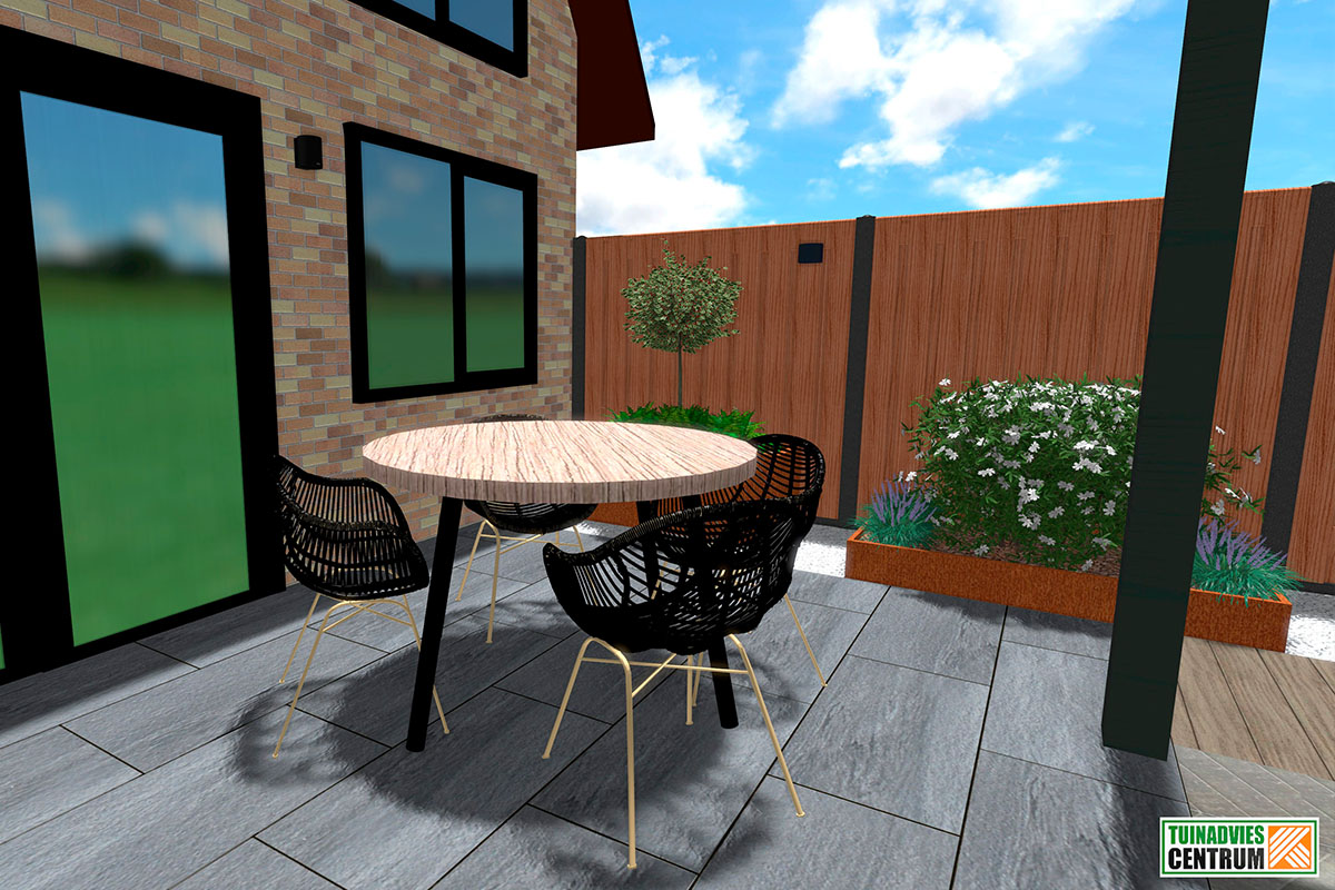 Terras met tuintafel en tuinstoelen voor huis en tuinafscheiding