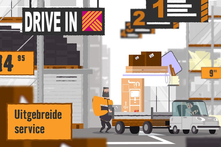 Illustratie van een Hornbach Drive-In filiaal met goederenafname
