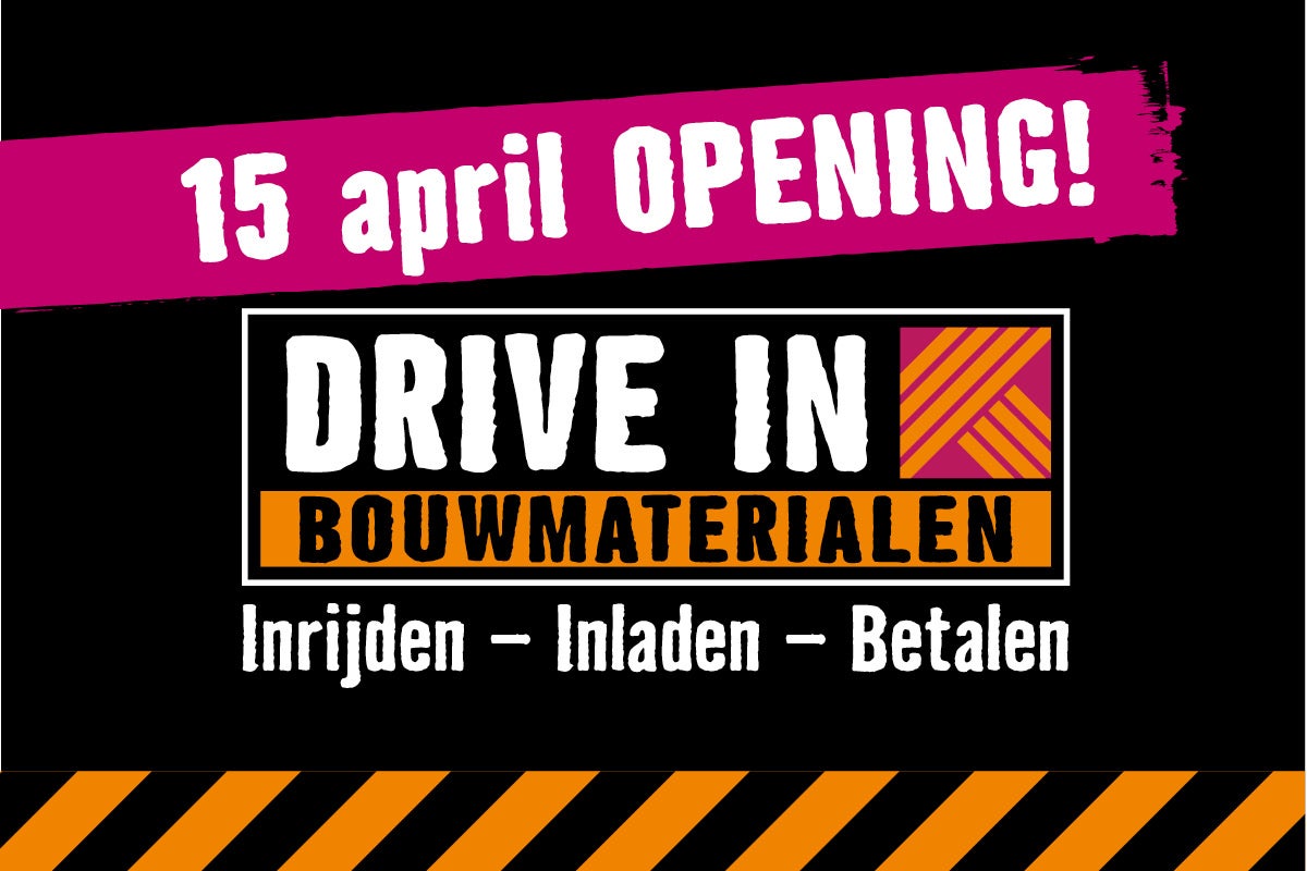 Opening van de Drive In voor bouwmaterialen op 15 april met de stappen inrijden, inladen en betalen. Hornbach Logo.