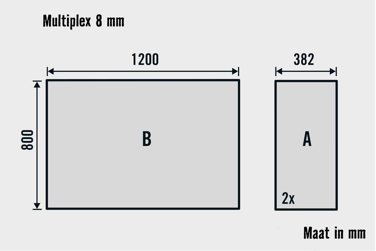 Multiplex plaat 8 millimeter met de afmetingen 1200 bij 800 millimeter en 382 bij 800 millimeter
