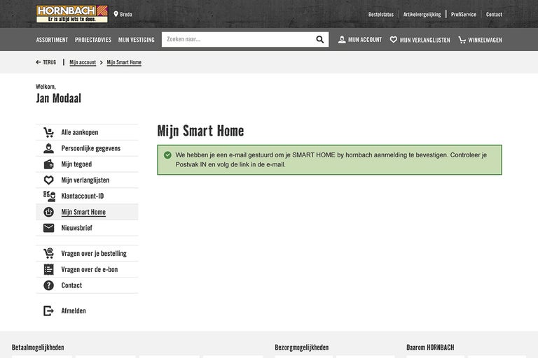 Hornbach website: Mijn Smart Home gedeelte in de klantenaccount.
