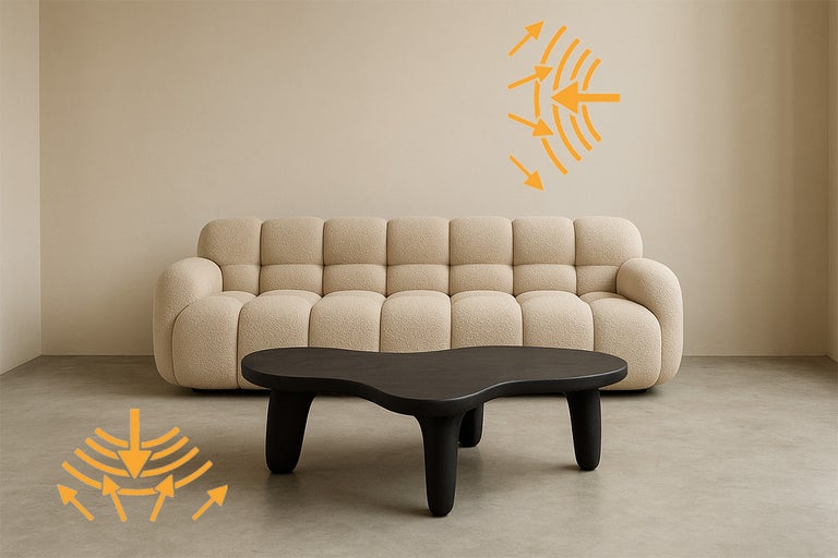 Woonkamer met bank en tafel, geluidsisolatiepijlen op muur en vloer