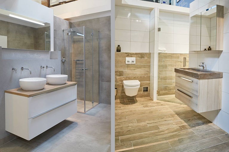 Badkameropstelling met wastafel, douche en toilet