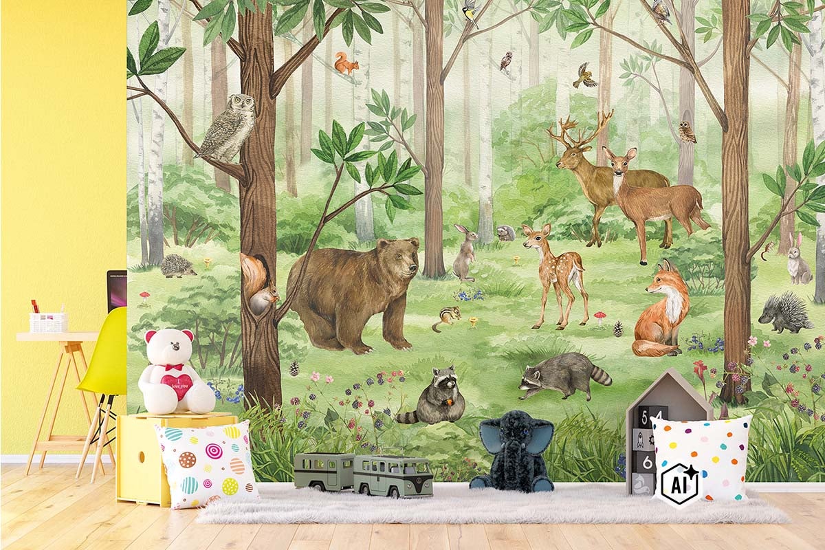 Behang met bosmotief en dieren in een kinderkamer met speels interieur