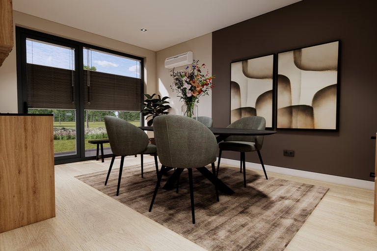 Eetkamer met eettafel, stoelen en decoratie