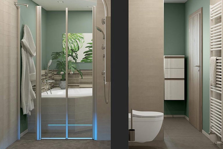 Moderne badkamer met douche, toilet, wastafel en radiator.