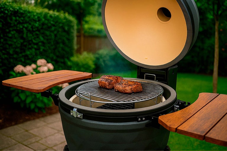 Keramische barbecue met twee steaks op het rooster en bijzettafels