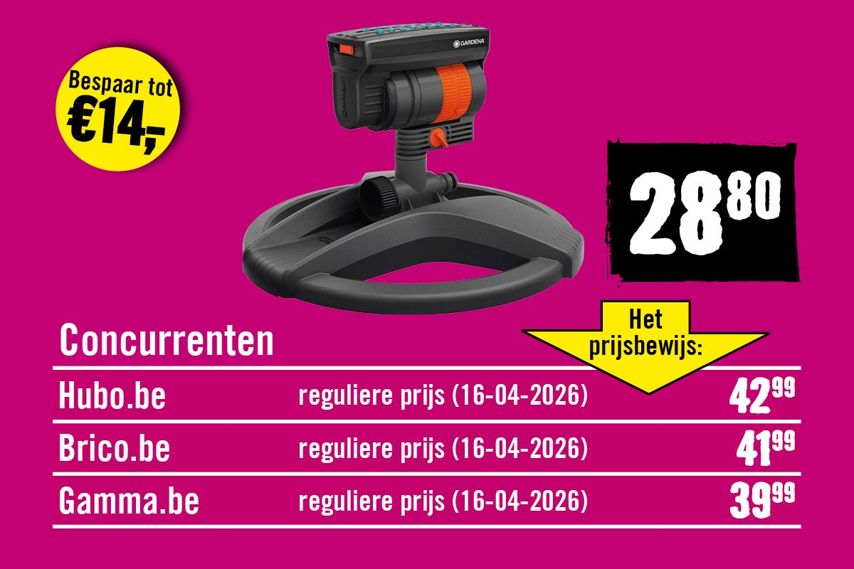 Gardena zwenksproeier met prijsvergelijking ten opzichte van concurrenten en een besparing tot 14 euro.