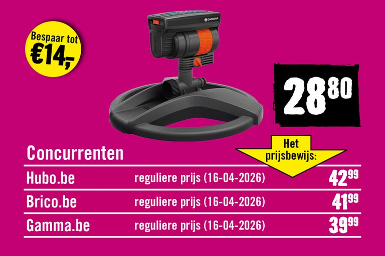 Gardena zwenksproeier met prijsvergelijking ten opzichte van concurrenten en een besparing tot 14 euro.