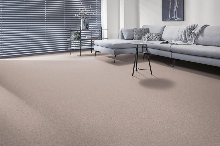 Lichte woonkamer met beige vloerbedekking, bank en tafel