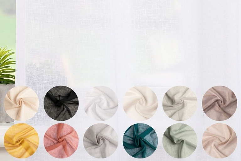 Halfdoorzichtig gordijn met linnenlook en een overzicht van verschillende beschikbare kleuren in ronde stofstalen.