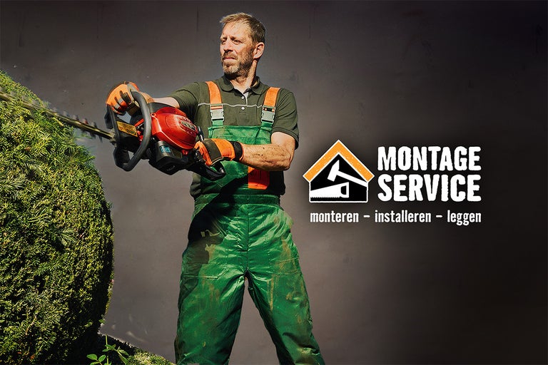 Een man snoeit een haag met een heggenschaar, Montage Service logo.