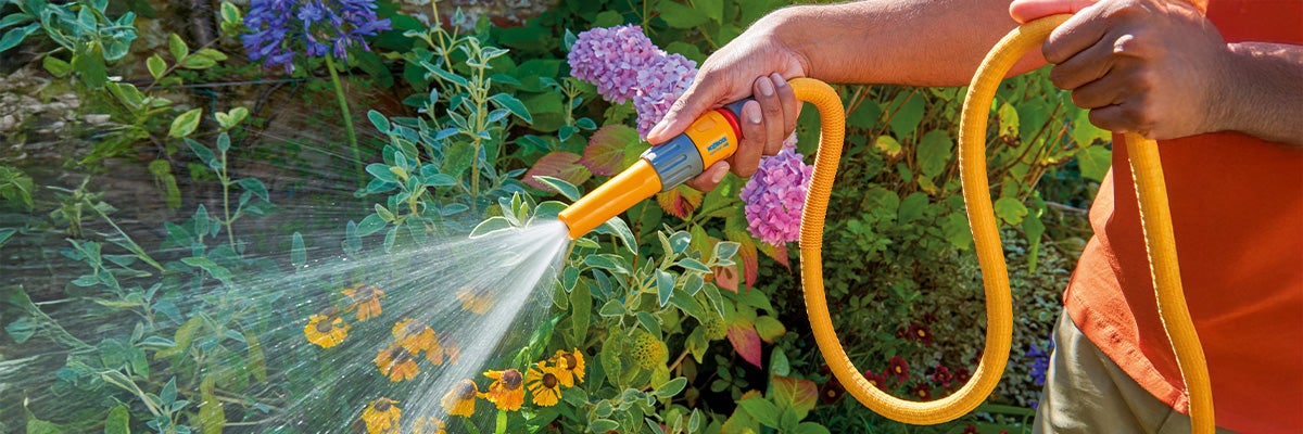 Persoon besproeit planten met een tuinslang