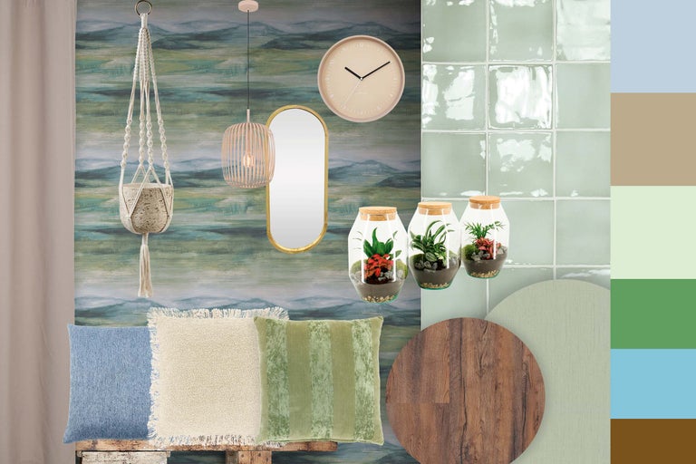 Decoratieve compositie met wanddesign, woonaccessoires en kleurenstaal