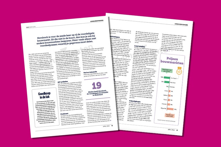 Een pagina van het tijdschrift Consumentengids met informatie over bouwmarktprijzen.