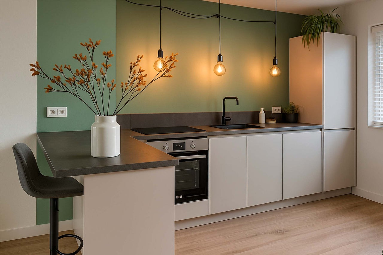 Moderne keuken met kookeiland, hanglampen en stijlvolle decoratie.