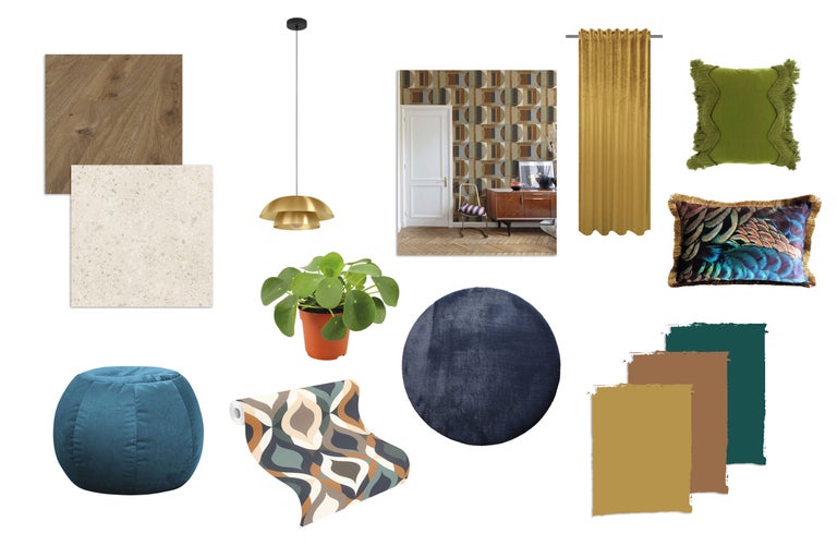 Collage met meubels, decoratie en muurverf voor interieurontwerp