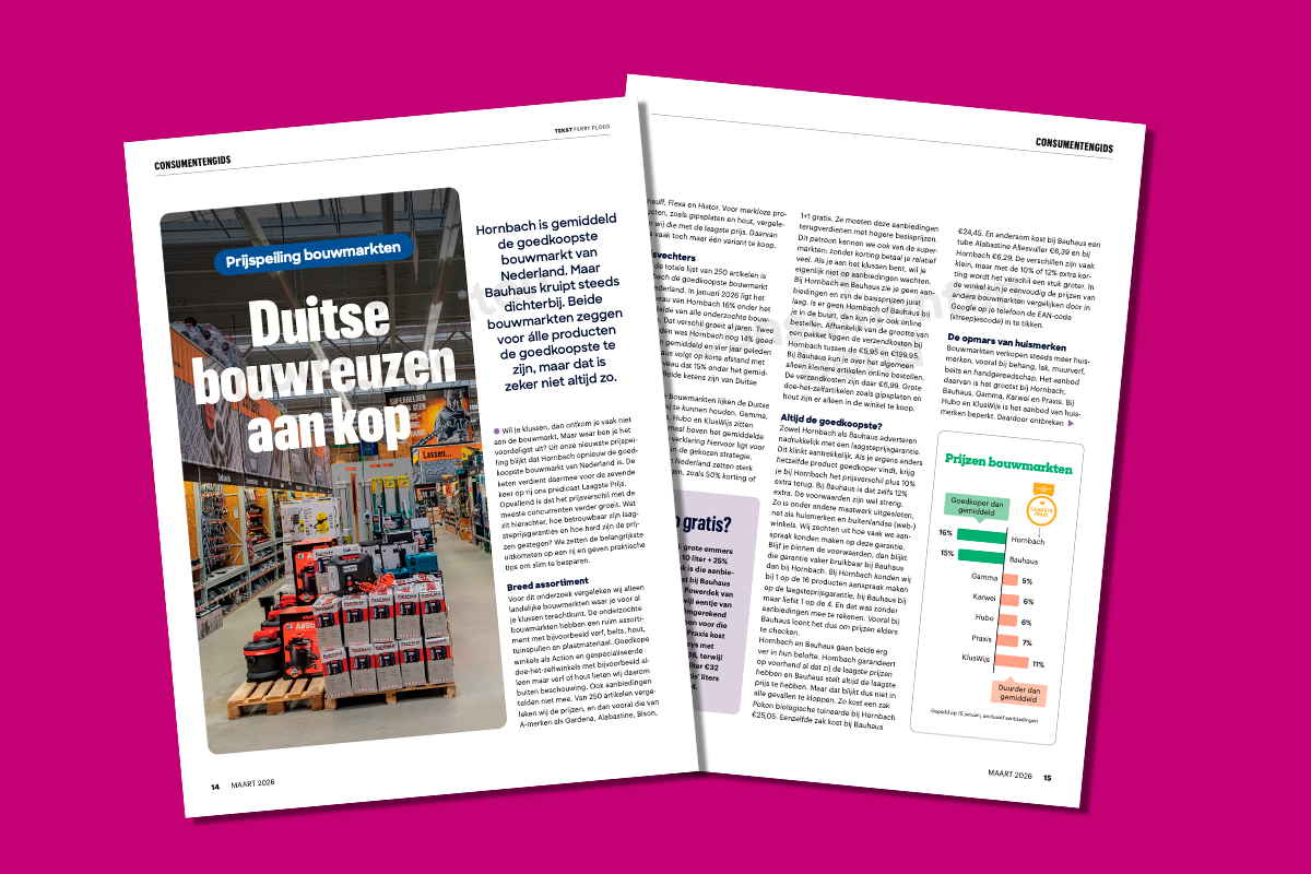 Dubbele pagina uit een tijdschrift met een artikel over bouwmarkten en prijsvergelijkingen