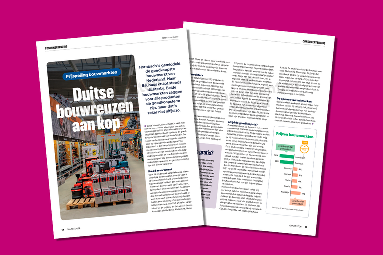 Dubbele pagina uit een tijdschrift met een artikel over bouwmarkten en prijsvergelijkingen