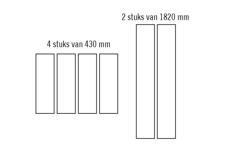 Schema met twee houten balken van 1820 millimeter lang en vier houten balken van 430 millimeter lang.