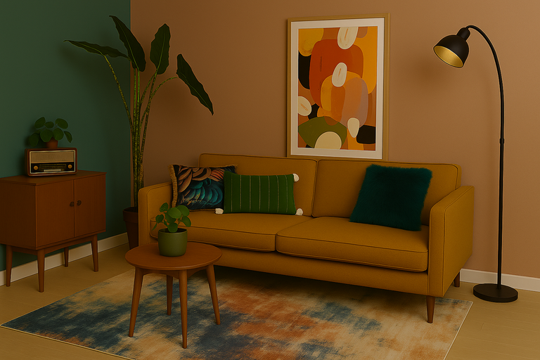 Woonkamer met bank, vloerkleed, bijzettafel, vloerlamp, dressoir, kamerplanten en wanddecoratie